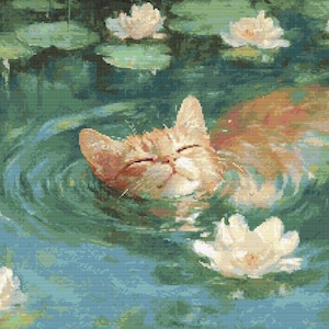 May include: A ginger cat with closed eyes floats in a pond with lily pads and white flowers. The water is a light blue-green color.