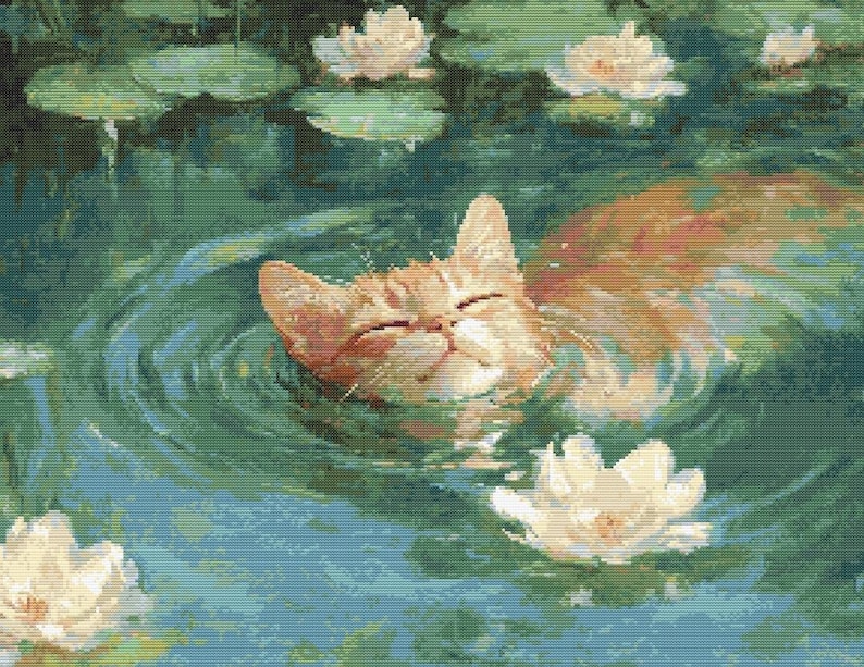 May include: A ginger cat with closed eyes floats in a pond with lily pads and white flowers. The water is a light blue-green color.