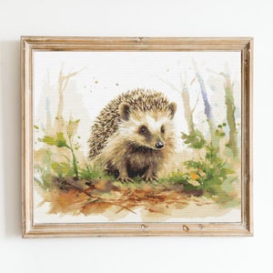 May include: A watercolor painting of a hedgehog in a forest setting. The hedgehog is brown and has a white belly. The forest is green and brown and there are trees in the background.