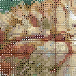 May include: A close-up of a cross-stitch pattern with various colors, including brown, red, white, and green. The pattern features a variety of symbols, including arrows, stars, and circles.