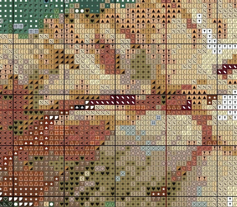 May include: A close-up of a cross-stitch pattern with various colors, including brown, red, white, and green. The pattern features a variety of symbols, including arrows, stars, and circles.
