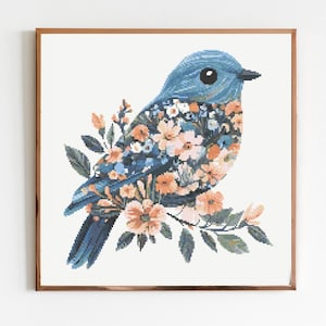 花柄の青い鳥のクロスステッチ刺繍パターンインスタントDMCダウンロード鳥農場の森海の生き物鳥海カラフルな鳥アオガラ