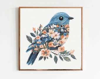花柄の青い鳥のクロスステッチ刺繍パターンインスタントDMC