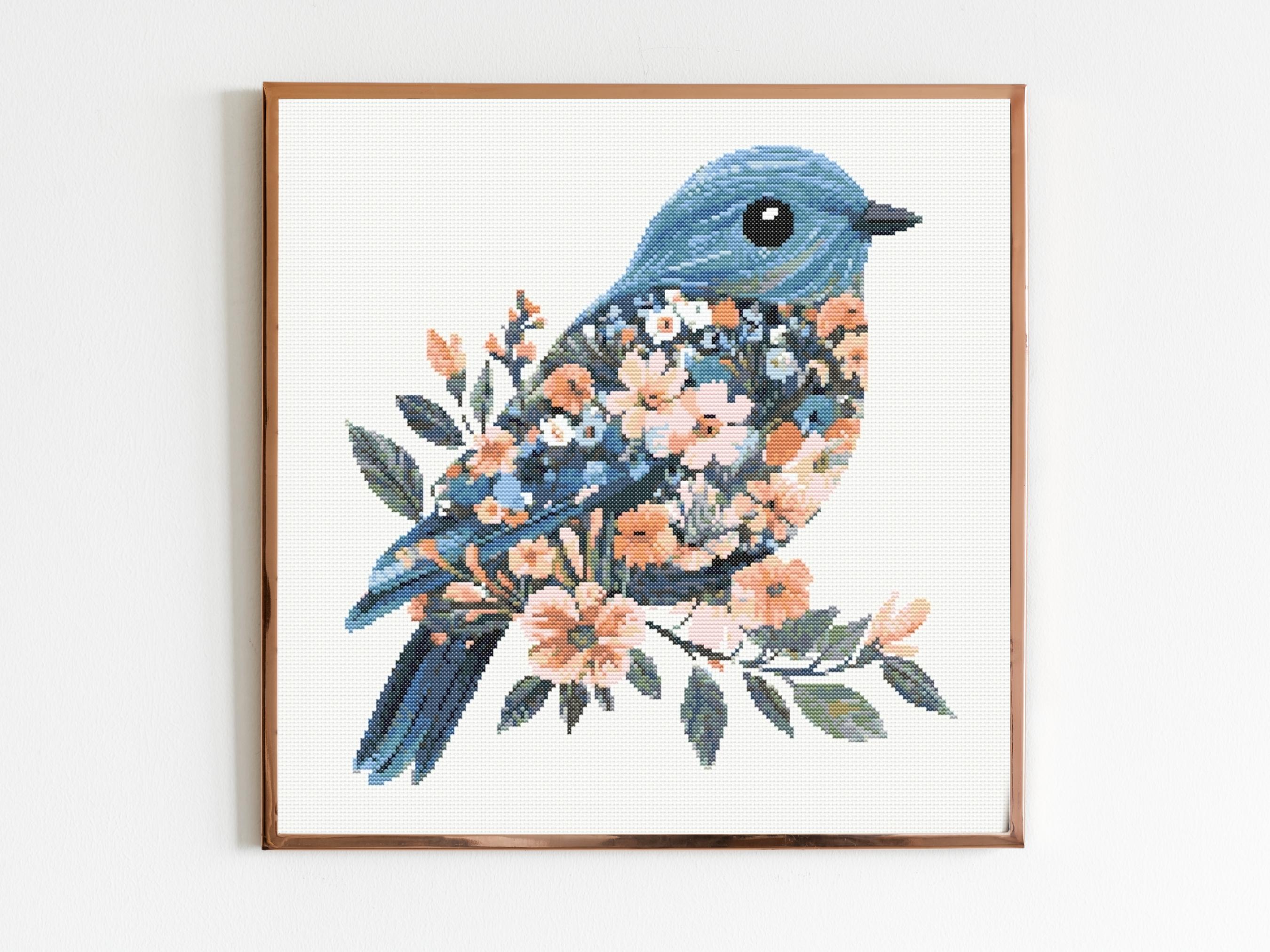 花柄の青い鳥のクロスステッチ刺繍パターンインスタントDMC