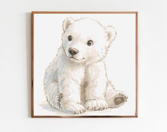 Polar Bear Cub Cross Stitch Pattern X-Stitch Landscape Needlework Forest Camping Lake Nursery Gift Sewing Embroidery