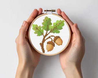 Oak Tree Branch with Acorn Cross Stitch Pattern Counted Sewing Modern Embroidery Beginner Simple Small Practice Sample Botanical Forest