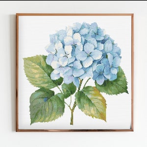 Blue Hydrangea Botanical Cross Stitch Sewing Modern Embroidery Pattern Instant DMC Download Bunch of Flowers Beginner Garden Plants Botanist image 1