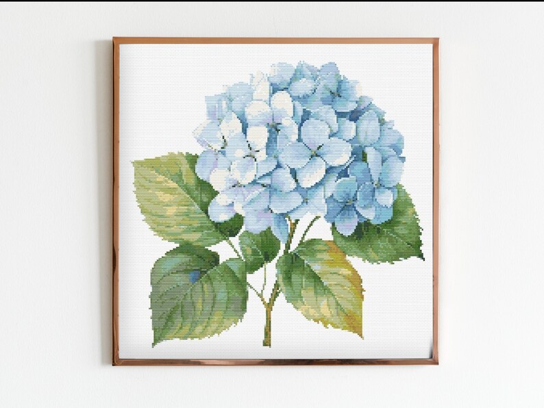 Blue Hydrangea Botanical Cross Stitch Sewing Modern Embroidery Pattern Instant DMC Download Bunch of Flowers Beginner Garden Plants Botanist image 1