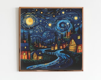 水彩画「星空の夜」森の湖クロスステッチパターン：ゴッホ風風景画 PDF