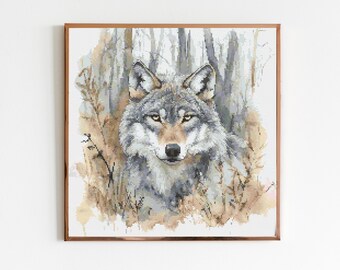 May include: A framed cross-stitch artwork featuring a detailed portrait of a wolf. The wolf has gray and white fur, with piercing yellow eyes. The background depicts a forest scene with muted tones of brown and beige.