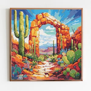 Puede incluir: Una pintura colorida de un paisaje desértico con un gran arco de piedra. El arco está rodeado de cactus y otras plantas del desierto. El cielo es azul y hay nubes en la distancia.