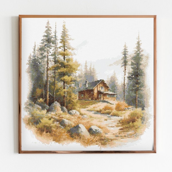Cabin in the Forest Cross Stitch Sewing Embroidery Pattern Instant DMC Download X-Stitch Landscape Cottagecore Needlework
