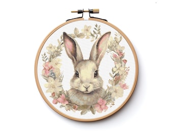 Bunny Rabbit Cross Stitch Sewing Embroidery Pattern Woodland Spring Gift Botanical Flowers Floral Wreath Cute Rabbit Spring Easter Nursery