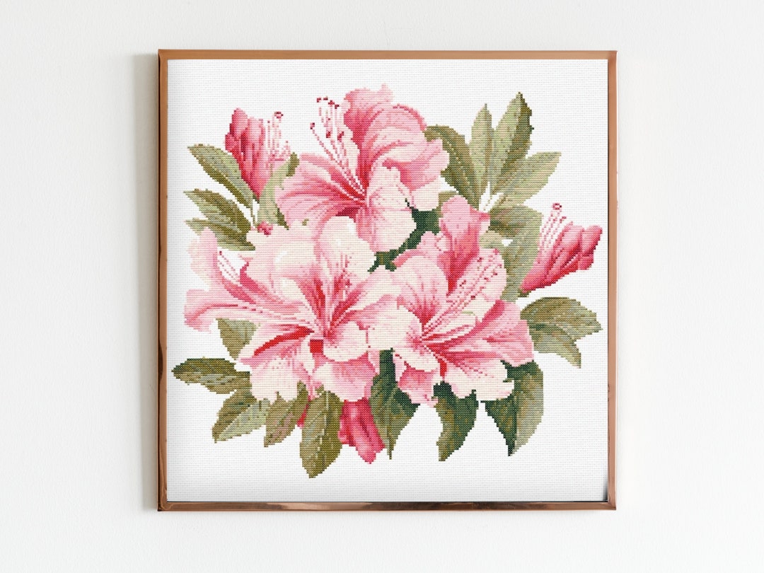 Azalea Tooling Pattern Pink Azalea Flowers Botanical Cross Stitch Sewing Modern Embroidery ...