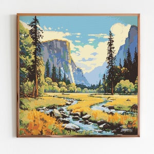 Spring at Yosemite National Park Cross Stitch Sewing Embroidery Pattern Instant DMC Download X-Stitch Landscape Cottagecore Needlework