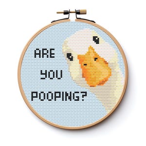 Könnte beinhalten: Ein runder Stickrahmen aus Holz mit einem Kreuzstichmuster einer weißen Gans mit orangefarbenem Schnabel auf hellblauem Hintergrund. Der schwarze Text auf der linken Seite des Stoffes lautet, ARE YOU POOPING? Das Motiv ist zentriert.
