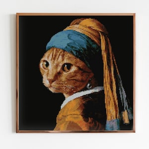 May include: A painting of a cat with a blue and yellow headscarf and a pearl earring. The cat is looking to the left of the image. The background is dark.