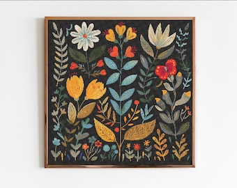 Patrón de punto de cruz con diseño floral de bosque y estilo folclórico, costura moderna, bordado, cottagecore oscuro, puntada en X, brujería, bosque, gótico