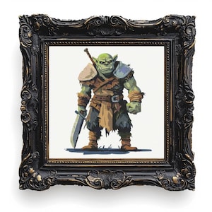 May include: A green-skinned orc warrior with a sword and armor stands in a black ornate frame. The orc is holding a sword in its right hand and has a fierce expression on its face.