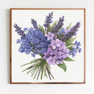 Não me esqueças e lavanda botânica ponto cruz costura moderna padrão de bordado instantâneo DMC download buquê de flores iniciante