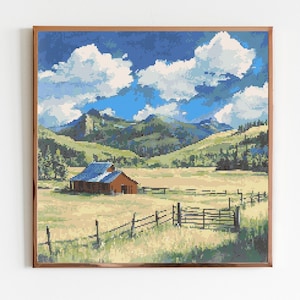 Yosemite-stijl Weide Kruissteek Naaien Borduurpatroon X-steek Landschap Cottagecore Montana Wild West Barn Farm Ranch Cowboy
