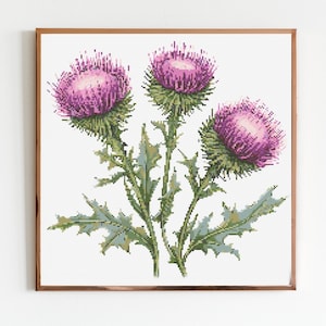 Paarse distels botanische kruissteek naaien modern borduurpatroon Instant DMC download bos bloemen bloem voor beginners lente zomer