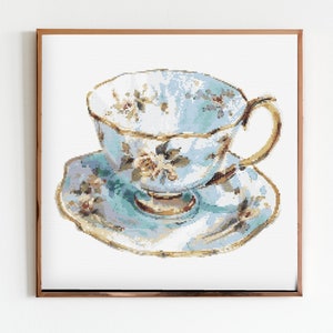 Teetasse Kreuzstich Muster Handarbeit Modern Stickerei Instant Download Dunkel X-Stitch Cottagecore Teetasse Anfänger Einfach Küche Gebräu