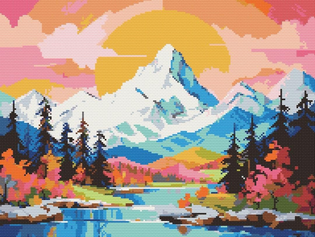 雪山クロスステッチ縫製刺繍パターンインスタントXステッチ風景