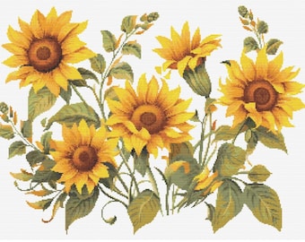 Girasol flores silvestres botánico punto de cruz costura patrón de bordado moderno instantáneo DMC Descargar ramo de flores principiante