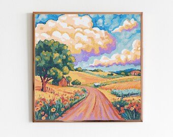 Country Cottage Cross Stitch Sewing Embroidery Pattern X-Stitch Landscape Cottagecore River Art Forest Moon Cottagecore Countryside