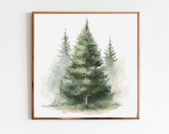 Christmas Tree Winter Forest Cross Stitch Sewing Embroidery Pattern X-Stitch Landscape Cottagecore River Art Forest Moon Christmas