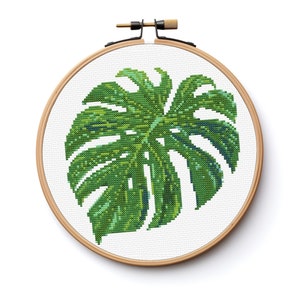 Monstera Blatt Botanische Kreuzstich Nähen Moderne Stickerei Muster Instant DMC Download Blumenstrauß Anfänger