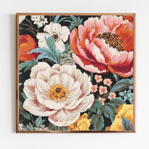 Dunkle Blumen B Kreuzstich Nähen Moderne Stickerei Muster Instant DMC Blumenstrauß Anfänger Pfingstrosen