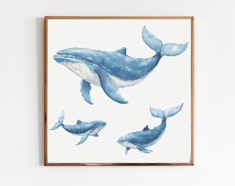 Blauwal Kreuzstich Stickmuster Sofort DMC Download Süßer Ozean Aquarell Ozean Sealife Tiefblau Cottagecore Art