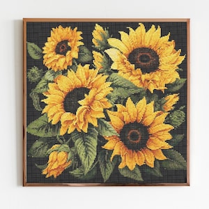 Donkere zonnebloemen botanische kruissteek naaien modern borduurpatroon Instant DMC Download bos bloemen voor beginners