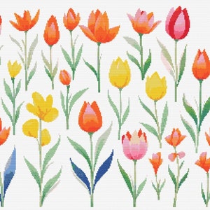 Tulpe Wildblumen botanische Kreuzstich nähen moderne Stickerei Muster DMC Download Blumenstrauß Anfänger