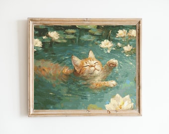 Swimming Ginger Cat Cross Stitch Pattern Sewing Embroidery Animal Catlife Nursery Artwork Scandi Minimal Pet Kitty Pattern Keeper Monet A