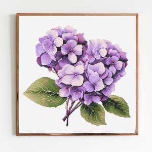 Lila Hortensie Botanischer Kreuzstich Modernes Stickmuster DMC Download Blumenstrauß Anfänger Garten Pflanzen Botaniker