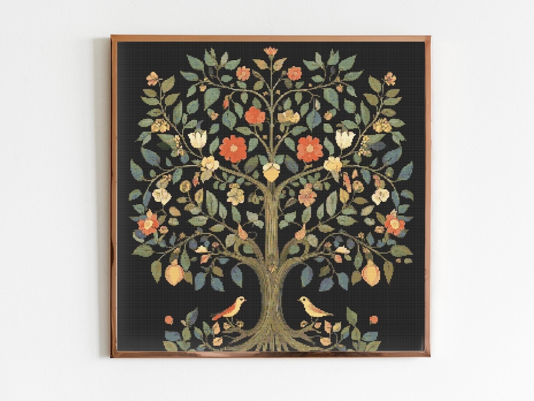 William Morris Style Tree of Life Botanical Mid Century Cross Stitch ...