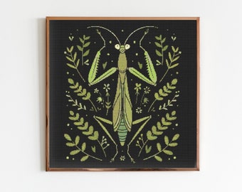 Praying Mantis Botanicals Cross Stitch Pattern Sewing Modern Embroidery Dark Cottagecore X-Stitch Witchy Woodland Witchcraft Gothic Folklore