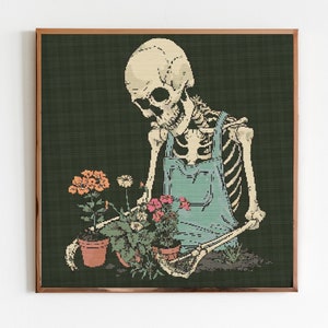 May include: A skeleton wearing blue overalls is tending to a small garden with potted plants. The skeleton is holding a gardening tool and is looking down at the plants. The background is a dark green.