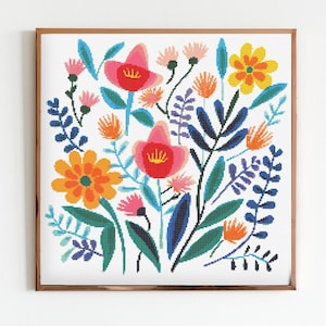 Patrón de bordado y costura para punto de cruz con ramo vibrante de flores abstractas Descarga instantánea de DMC Matisse Boho Boho Floral Modern