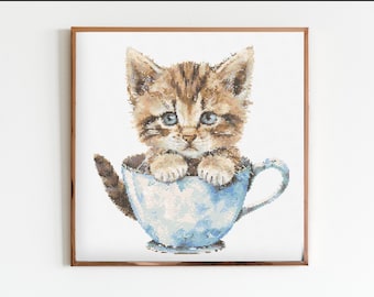 イギリスヴィンテージ 3匹の子猫の刺繍パッチ カーディガン ティーカップの中のかわいい子猫 クロスステッチ 縫製 刺繍 パターン