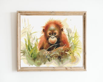 Baby Orangutan in a Jungle Clearing Cross Stitch Sewing Embroidery Pattern Instant DMC Download