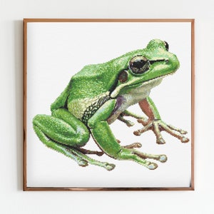 May include: A framed cross-stitch artwork featuring a detailed green frog with large eyes and textured skin. The frog is positioned against a white background, and the artwork is enclosed in a brown wooden frame.