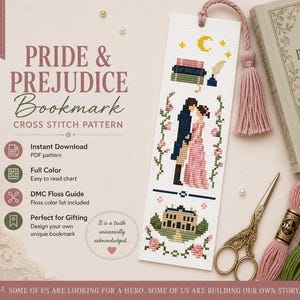 Pride and Prejudice Bookmark Cross Stitch Pattern Instant Download DMC Thorns Roses Sewing Book Mark Gift Idea Cottagecore Small Tiny