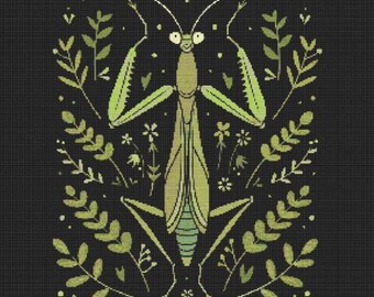 カマキリ 植物 クロスステッチ パターン 裁縫 モダン 刺繍 ダーク