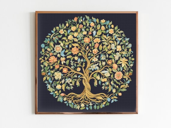 William Morris Style Tree of Life Botanical Mid Century Cross