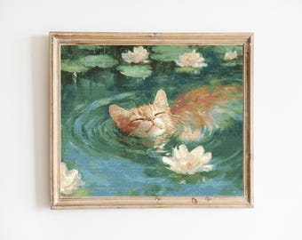 Patrón de punto de cruz de gato jengibre nadador Costura Bordado Animal Vida felina Guardián Obra de arte Escandinavo Minimalista Mascota Gatito Patrón Guardián Monet A