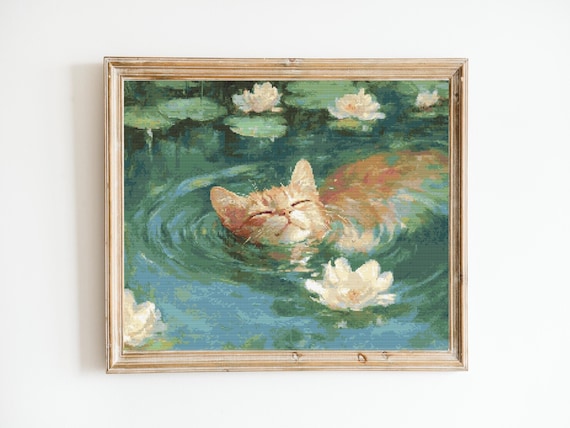 Swimming Ginger Cat Cross Stitch Pattern Sewing Embroidery Animal Catlife Nursery Artwork Scandi Minimal Pet Kitty Pattern Keeper Monet A